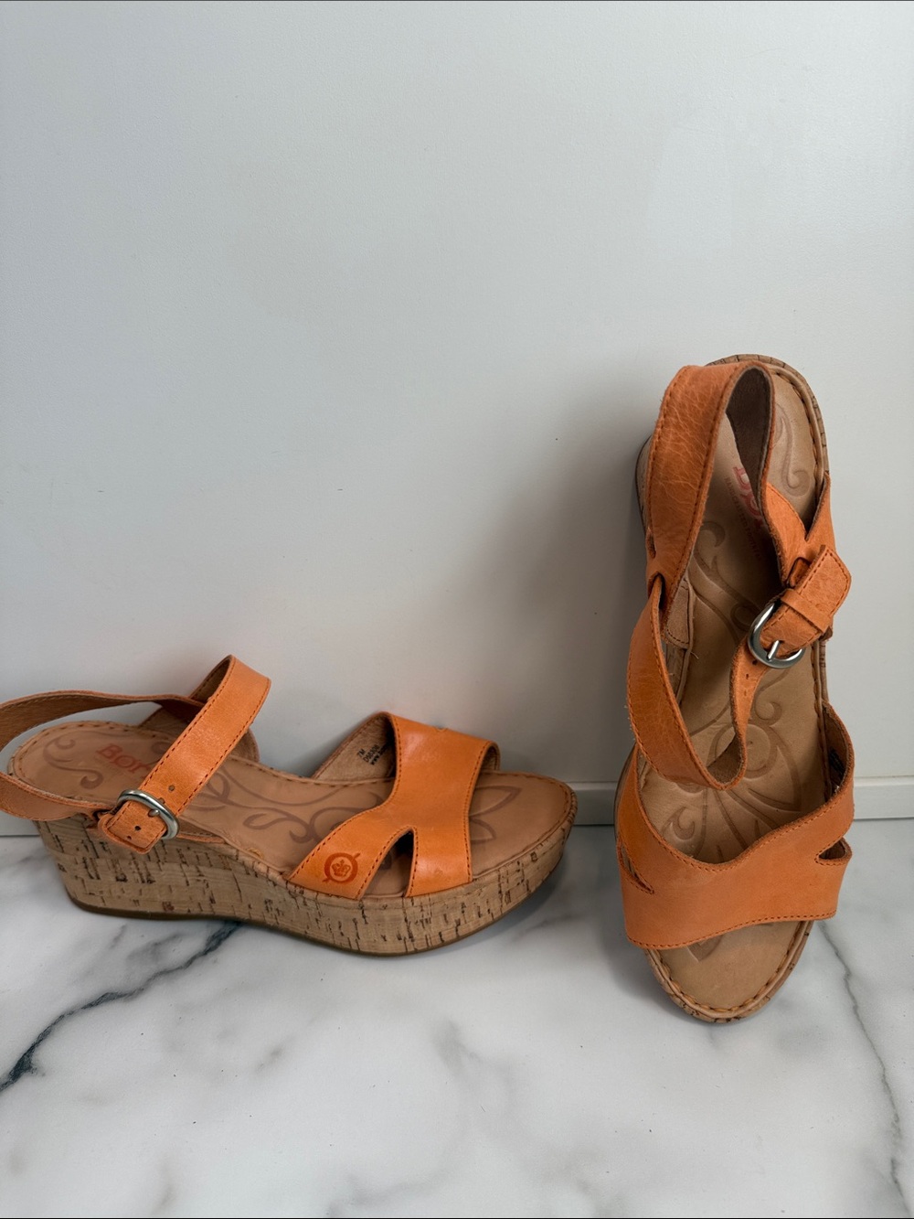 Børn Du Jour Mango Orange Leather Cork Wedge Platform Sandals Size 7